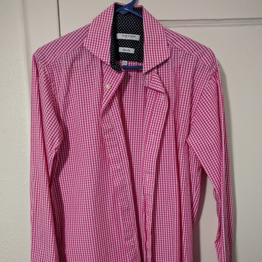 Isaac Mizrahi Slim Pink Gingham Shirt 15.5 32/33
